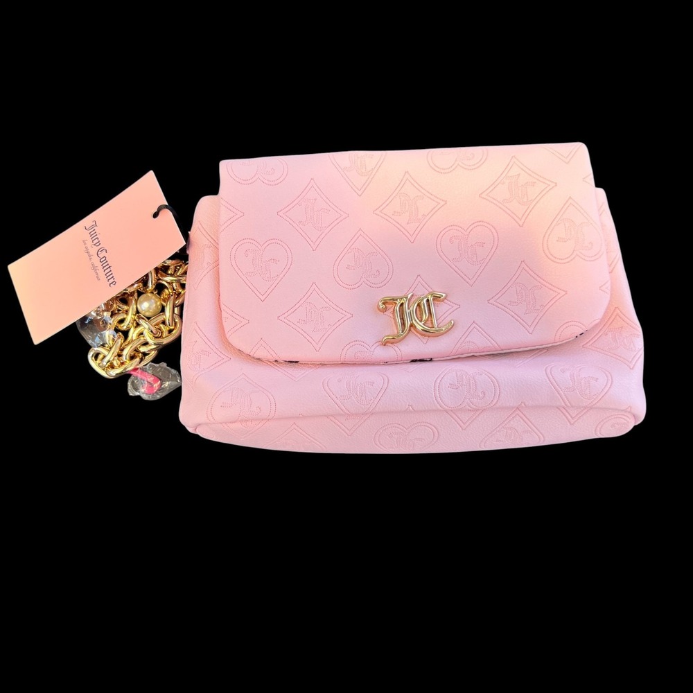 Juicy Couture Pink Monogram Clutch Bag Wristlet Purse‎ Gold Chain Charm Y2K Soft - Picture 2 of 9